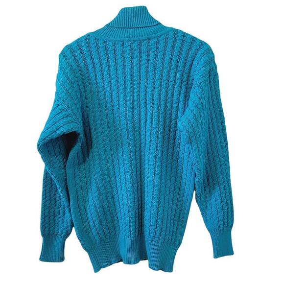Vintage 90's Y2K Teal/Turquoise Blue Cable Knit Turtle Net Pullover Sweater M - Picture 2 of 7
